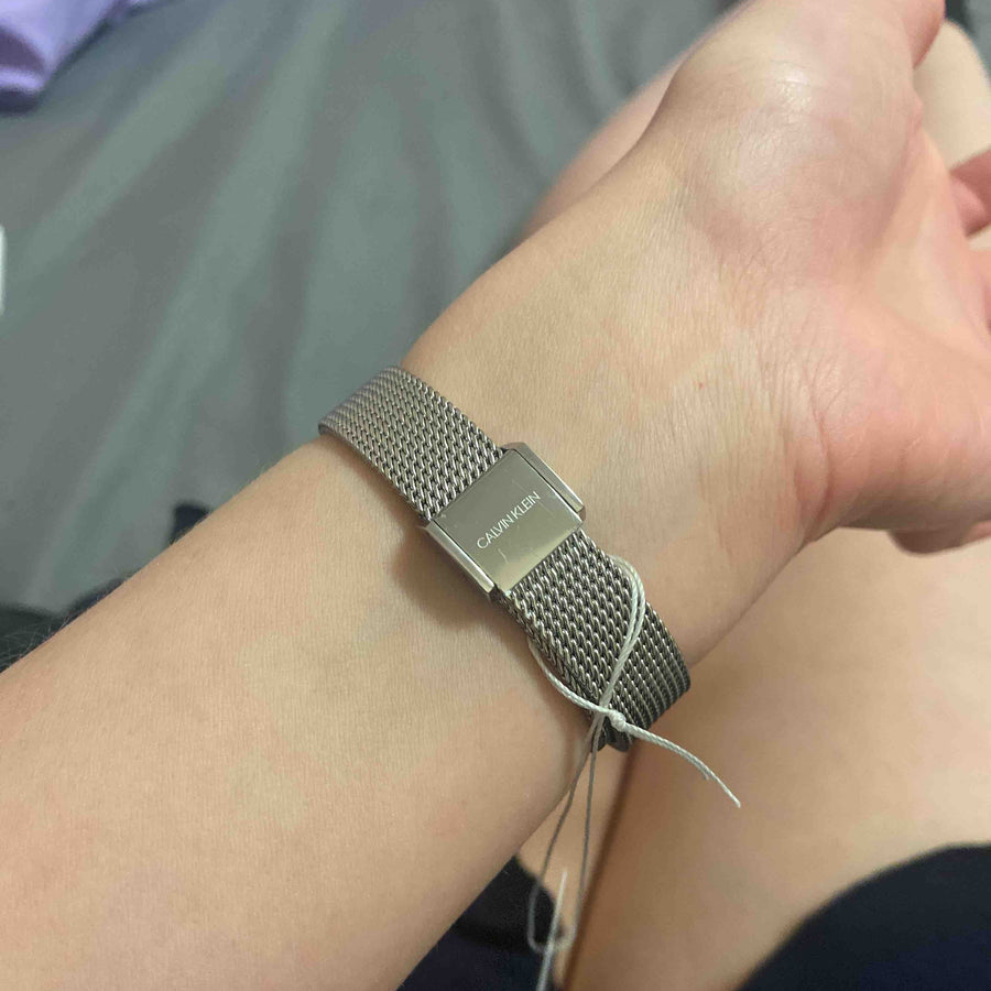 Calvin Klein Minimal Grey Dial Silver Mesh Bracelet Watch for Women - K3M23124