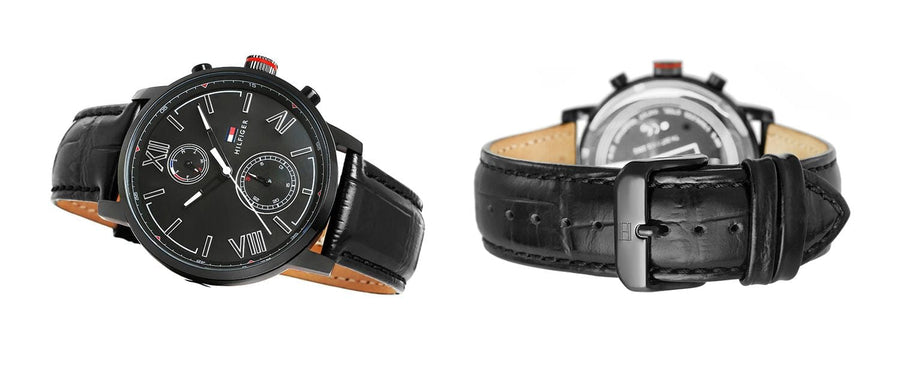 Tommy Hilfiger Aden Chronograph Black Dial Black Leather Strap Watch for Men - 1791310