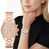 Michael Kors Ritz Chronograph Rose Gold Dial Rose Gold Steel Strap Watch For Women - MK7302