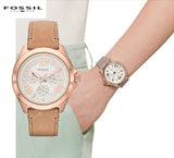 Fossil Cecile White Dial Beige Leather Strap Watch for Women - AM4532