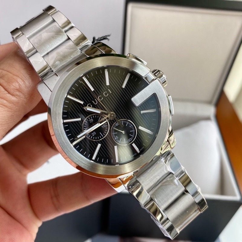Gucci G Chrono Black Dial Silver Steel Strap Watch For Men - YA101204
