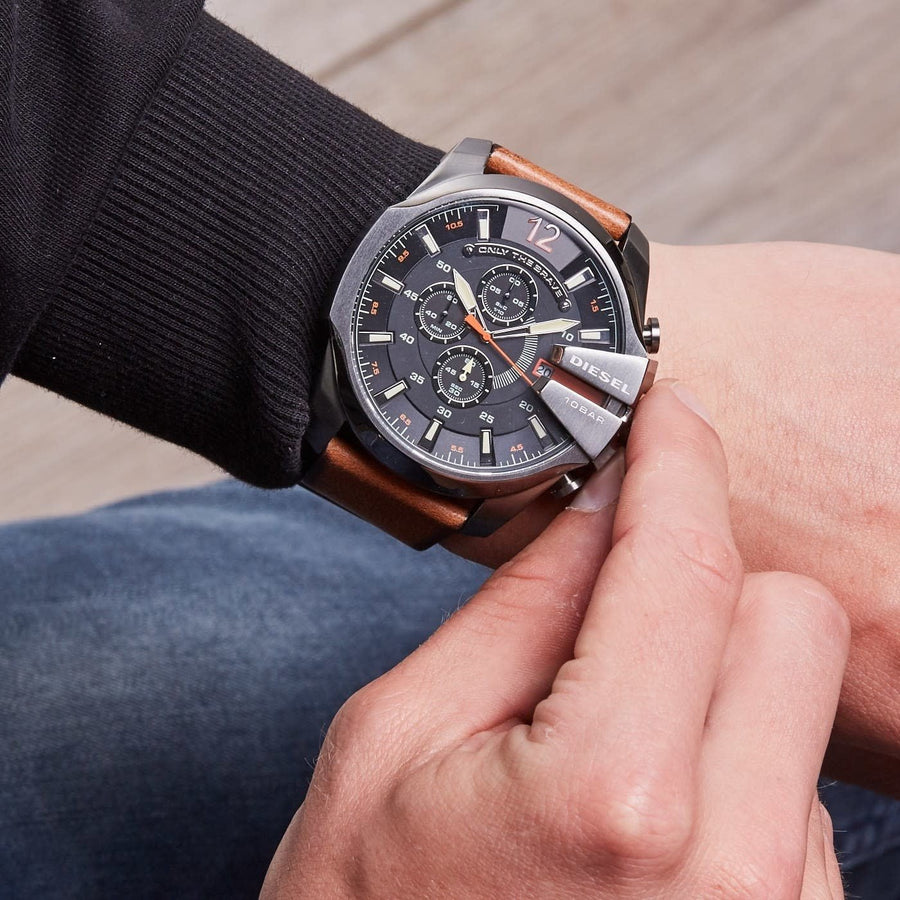 Diesel Mega Chief Chronograph Black Dial Brown Leather Strap Watch For Men - DZ4343