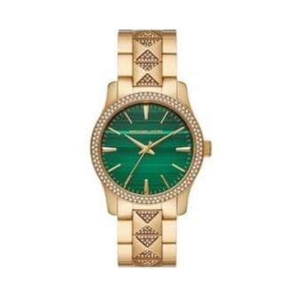 Michael Kors Runway Three Hand Green Dial Gold Steel Strap Watch For Women - MK7390