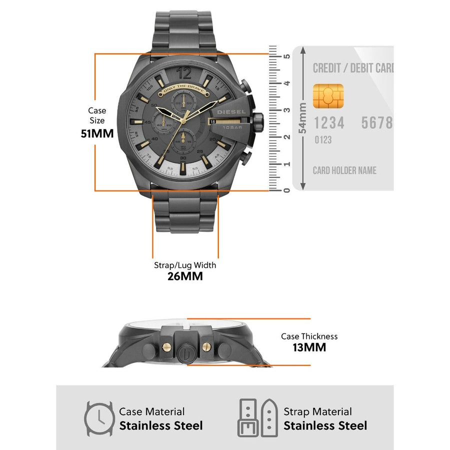 Diesel Mega Chief Chronograph Grey Dial Grey Steel Strap Watch For Men - DZ4466