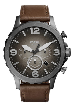 Fossil Nate Chronograph Grey Dial Brown Leather Strap Watch for Men - JR1424