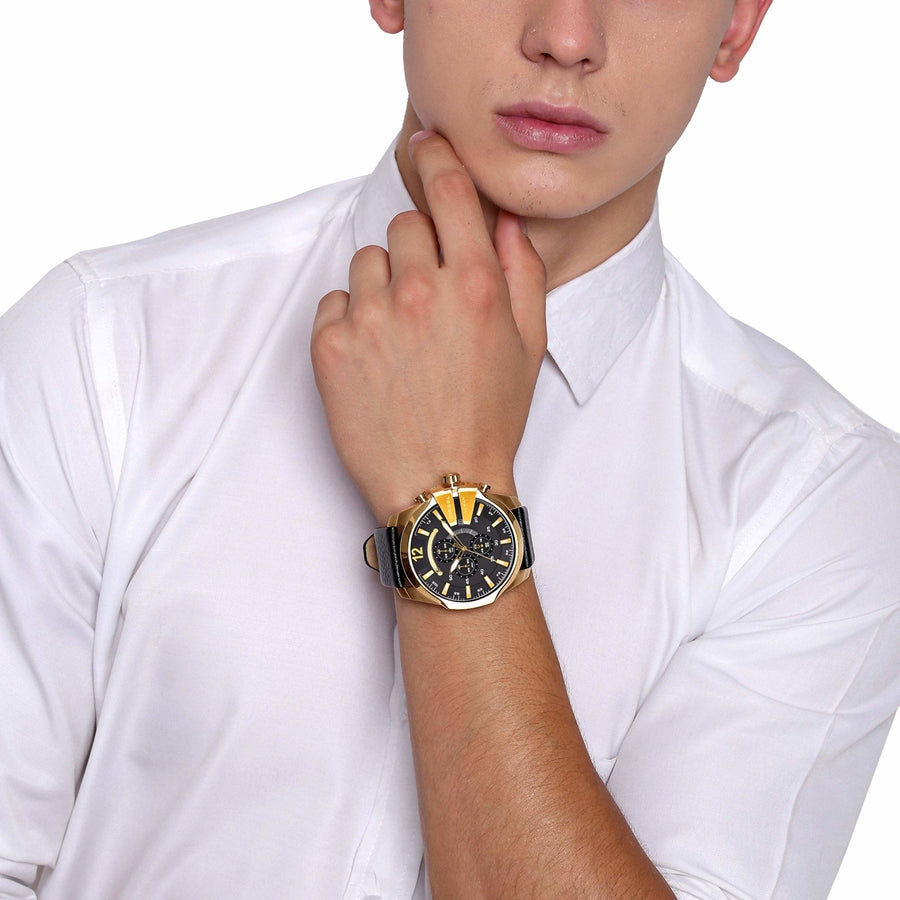 Diesel Mega Chief Chronograph Black Dial Black Leather Strap Watch For Men - DZ4344