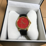 Gucci G Timeless Coral Red Dial Black Leather Strap Watch For Men - YA126464