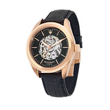 Maserati Traguardo Automatic Black Skeleton Dial Black Leather Strap Watch For Men - R8821112001