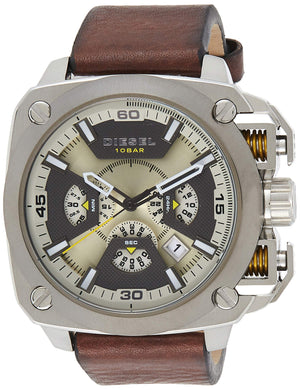 Diesel BAMF Chronograph Beige Dial Brown Leather Strap Watch For Men - DZ7343