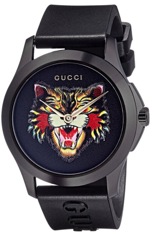 Gucci G Timeless Cat Motif Black Dial Black Leather Strap Unisex Watch - YA1264021