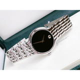 Movado watch with black face and silver band
