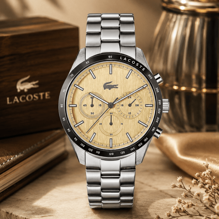 Lacoste Boston Chronograph Beige Dial Silver Steel Strap Watch for Men - 2011271