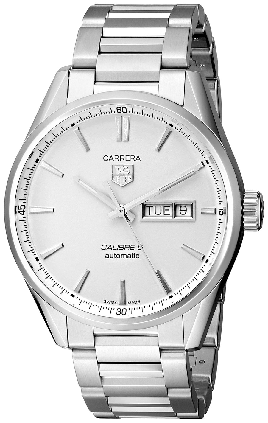 Tag Heuer Carrera Calibre 5 Automatic White Dial Silver Steel Strap Watch for Men - WAR201B.BA0723