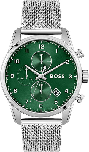 Hugo Boss Skymaster Green Dial Silver Mesh Bracelet Watch for Men - 1513938