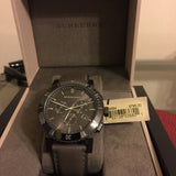 Burberry The City Chronograph Ion Plated Grey Dial Grey Leather Strap Watch for Men - BU9384