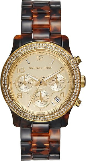 Michael Kors Runway Chronograph Gold Dial Brown Acetate Strap Watch for Women - MK7475