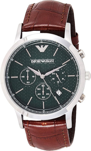 Emporio Armani Renato Chronograph Green Dial Brown Leather Strap Watch For Men - AR2493