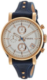 Fossil Original Boyfriend Chronograph White Dial Navy Blue Leather Strap Watch for Women - ES3838