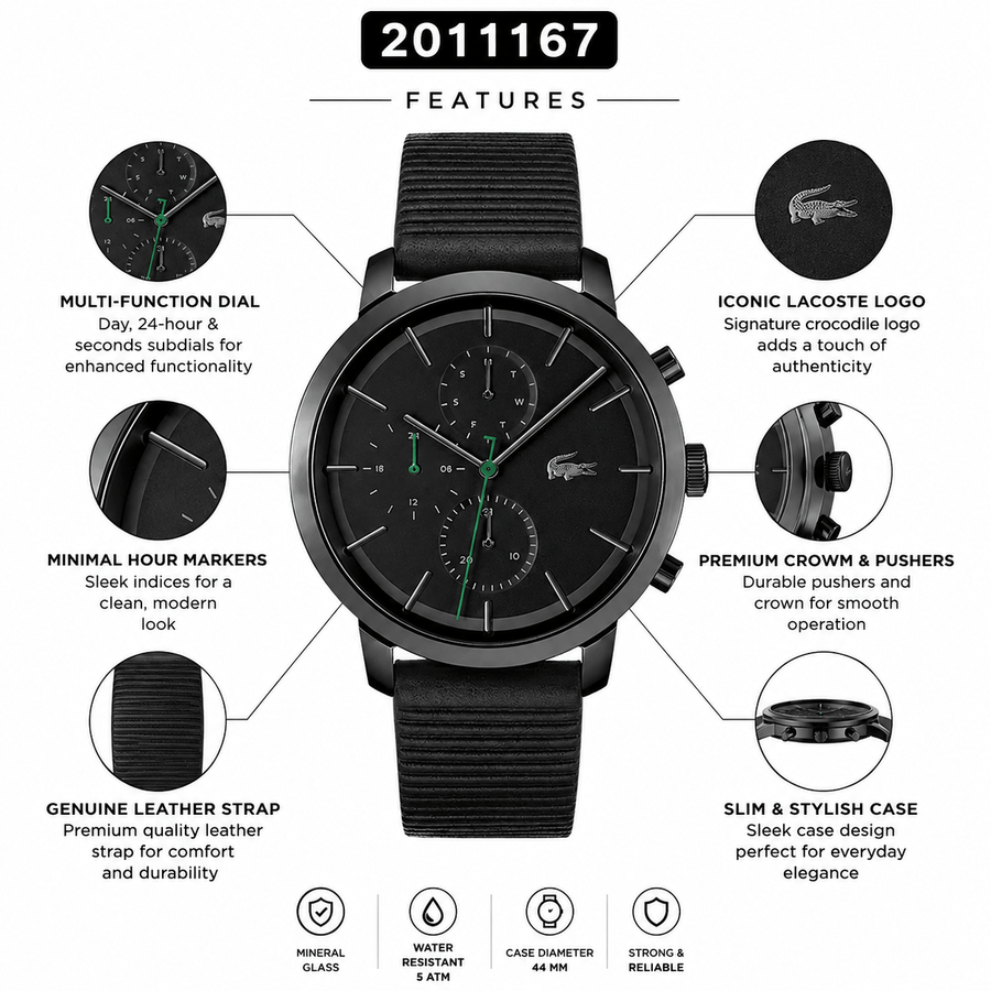 Lacoste Replay Chronograph Black Dial Black Leather Strap Watch for Men - 2011177