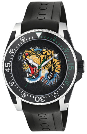 Gucci Dive Tiger Black Dial Black Rubber Strap Watch For Men - YA136318