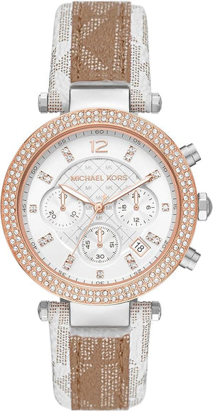 Michael Kors Parker Chronograph White Dial Two Tone Leather Strap Watch For Women - MK6950