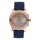 Guess Confetti Diamonds Gold Dial Blue Rubber Strap Watch For Women - W1098L6