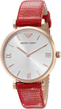 Emporio Armani Gianni T Bar Silver Dial Red Leather Strap Watch For Women - AR1876