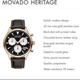 Movado Heritage Calendoplan Chronograph Black Dial Brown Leather Strap Watch for Men - 3650021