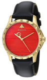 Gucci G Timeless Coral Red Dial Black Leather Strap Watch For Men - YA126464