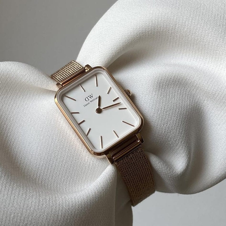 Daniel Wellington Quadro Melrose White Dial Gold Mesh Strap Watch For Women - DW00100431