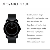 Movado Bold Black Dial Black Leather Strap Watch For Men - 3600306