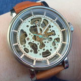 Fossil Boyfriend Automatic Skeleton Silver Dial Brown Leather Strap Watch for Women - ME3109