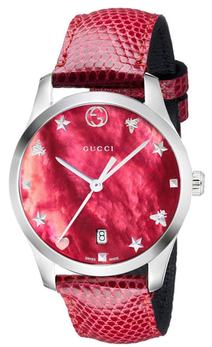 Gucci G-Timeless Mother of Pearl Red Dial Red Leather Strap Watch For Women - YA1264041