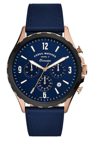 Fossil Forrester Chronograph Blue Dial Blue Leather Strap Watch for Men - FS5814