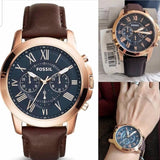 Fossil Grant Chronograph Blue Dial Brown Leather Strap Watch for Men - FS5068