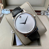 Movado Museum Quartz Silver Dial Black Leather Strap Watch For Men - 2100001