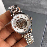 Emporio Armani Gianni T Bar Silver Skeleton Dial Two Tone Strap Watch For Women - AR1992