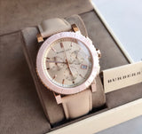 Burberry The City Chronograph Rose Gold Dial Beige Leather Strap Watch For Women - BU9702