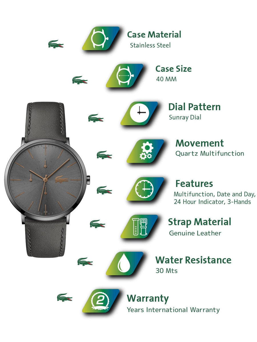 Lacoste Moon Gray Dial Gray Leather Strap Watch for Men - 2011059