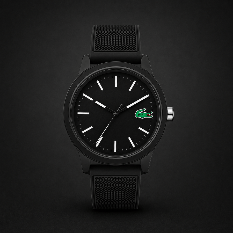 Lacoste 12.12 Black Dial Black Silicon Strap Watch for Men - 2010986