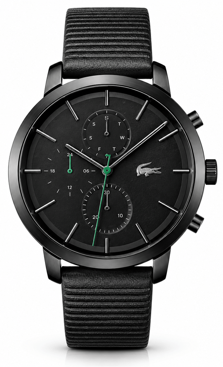 Lacoste Replay Chronograph Black Dial Black Leather Strap Watch for Men - 2011177
