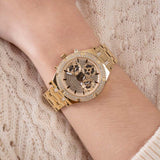 Guess Heiress Multifunction Diamonds Gold Dial Gold Steel Strap Watch for Women - GW0440L2