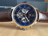 Tommy Hilfiger Keagan Chronograph Blue Dial Brown Leather Strap Watch for Men - 1791290