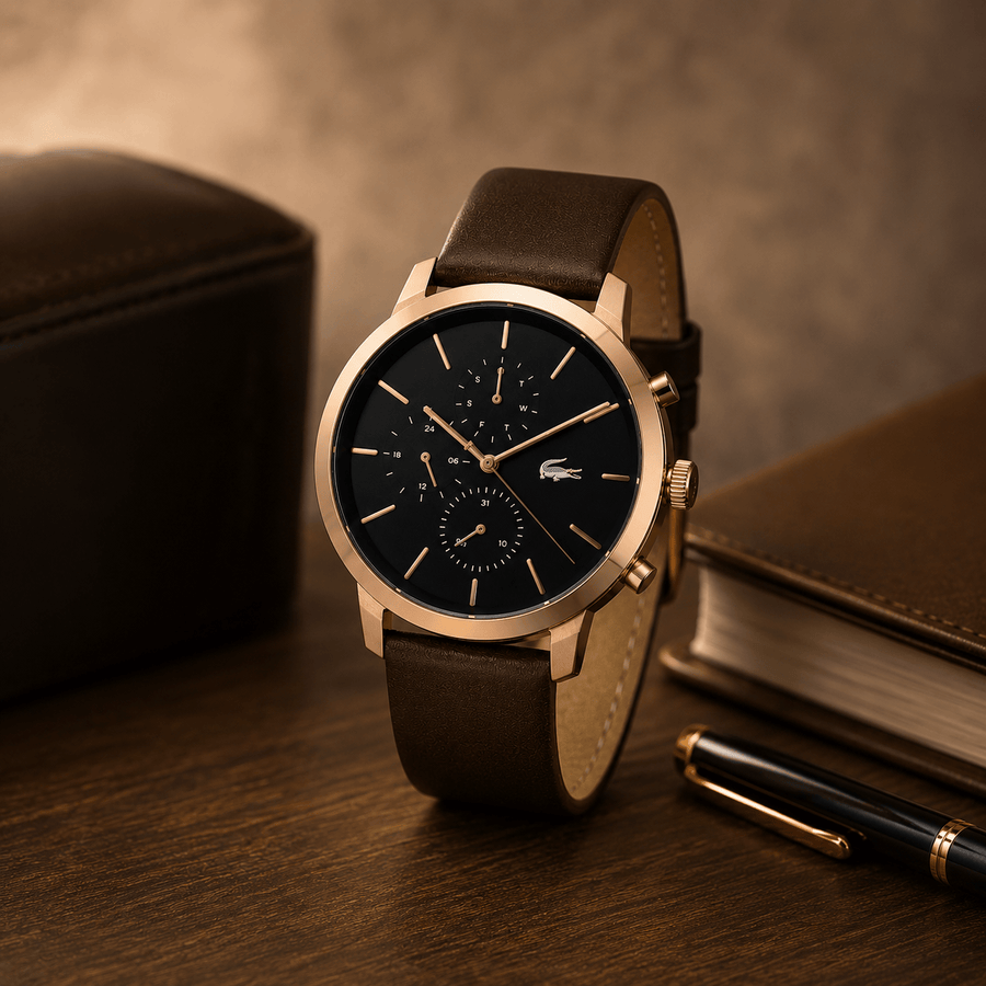 Lacoste Replay Chronograph Black Dial Brown Leather Strap Watch for Men - 2011257