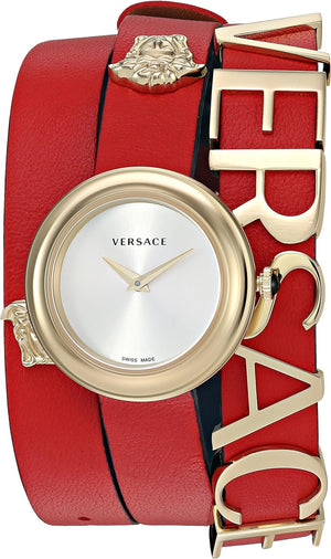 Versace V-Flare Quartz Silver Dial Red Leather Strap Watch for Women - VEBN00418