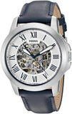 Fossil Grant Automatic Skeleton Silver Dial Blue Leather Strap Watch for Men - ME3111