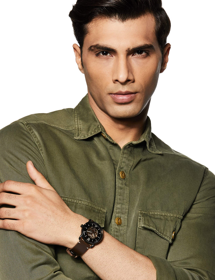 Fossil Commuter Automatic Black Dial Brown Leather Strap Watch for Men - ME3158