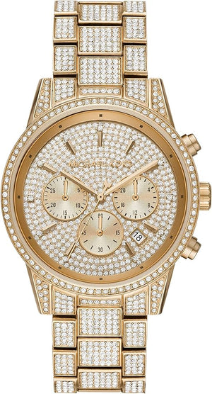 Michael Kors Ritz Three-Hand Glitz Crystals Gold Dial Gold Steel Strap Watch for Women - MK6747