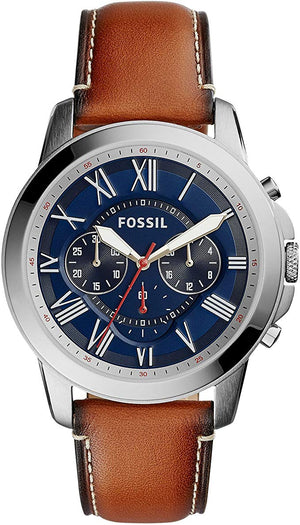 Fossil Grant Chronograph Blue Dial Brown Leather Strap Watch for Men - FS5210