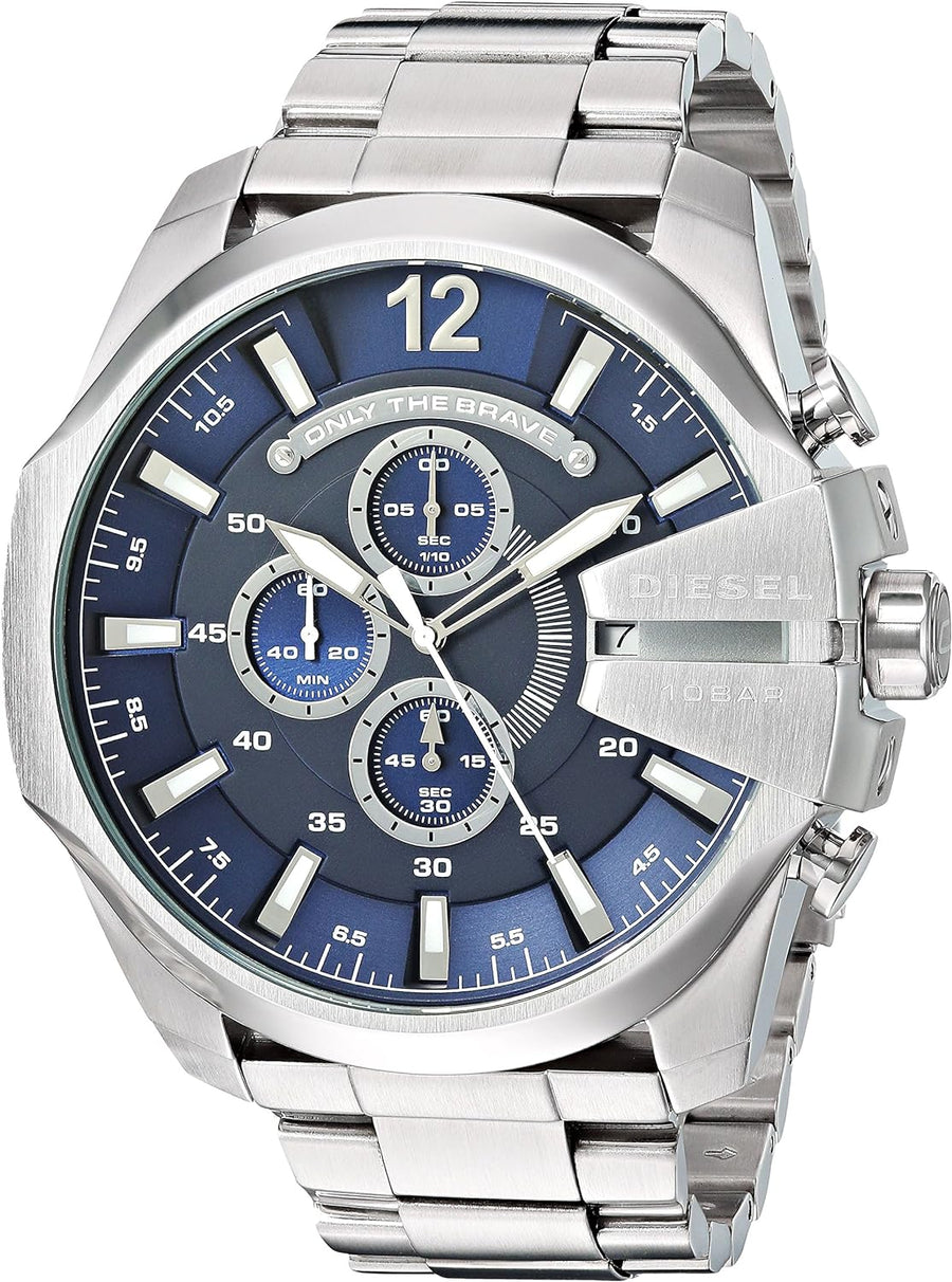 Diesel Mega Chief Chronograph Blue Dial Silver Steel Strap Watch For Men - DZ4417